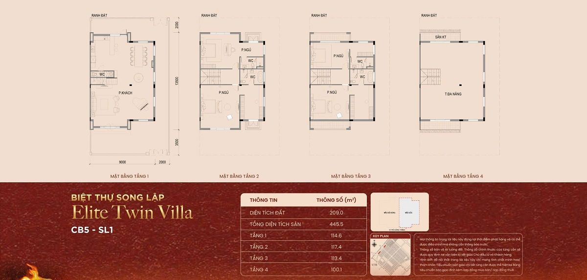Layout thiết kế biệt thự song lập 4 tầng có diện tích đất 209m2 tại Vinhoems Cần giờ