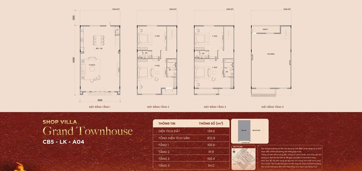 Layout thiết kế villa shop 4 tầng có diện tích đất 136m2 tại Vinhoems Cần Giờ
