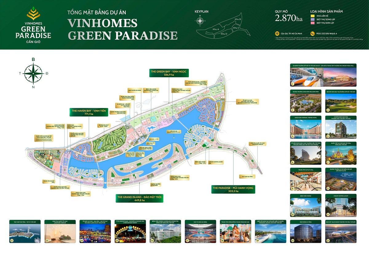 Mặt bằng tổng thể Vinhomes Cần Giờ quy mô 2.870ha, chia thành 4 phân khu chiến lược với mật độ xây dựng thấp, hài hòa thiên nhiên và không gian sống sinh thái ven biển