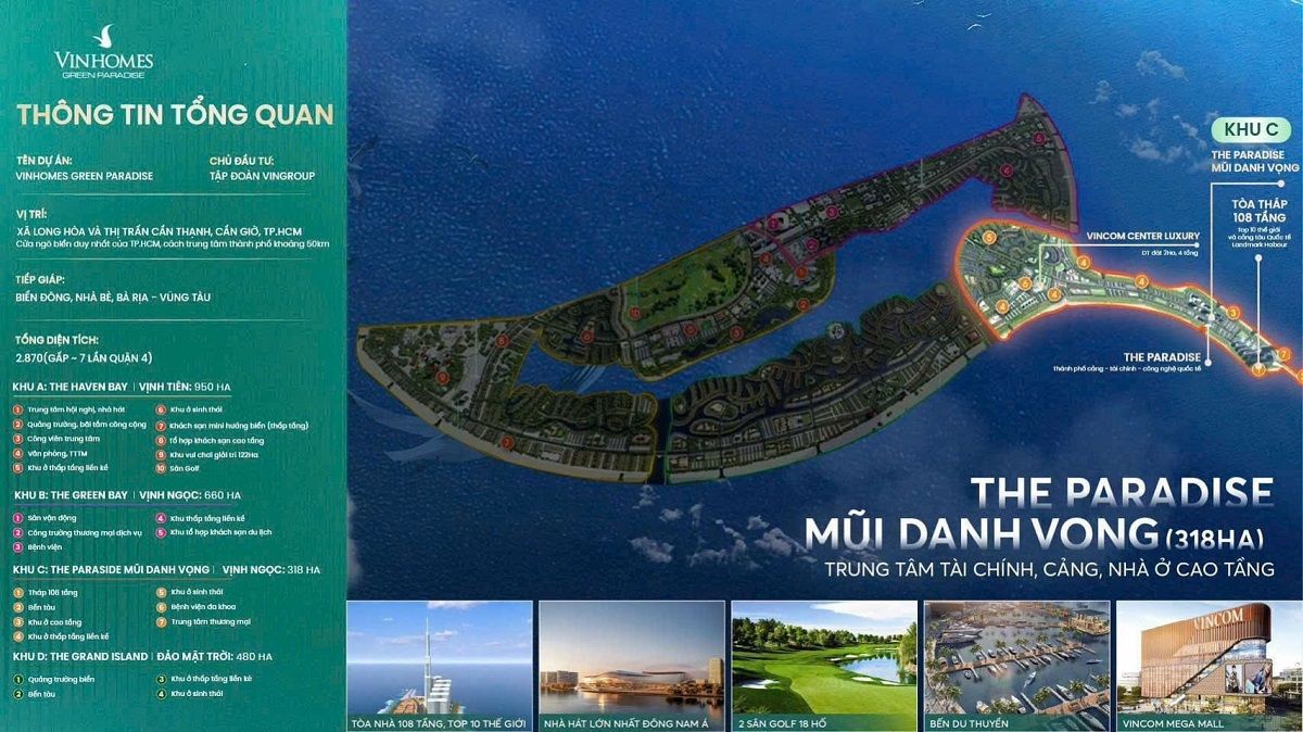 The Paradise (Mũi Danh Vọng), trái tim tài chính sầm uất của Vinhomes Cần Giờ, quy tụ tòa tháp 108 tầng, bến cảng và khu căn hộ cao cấp.